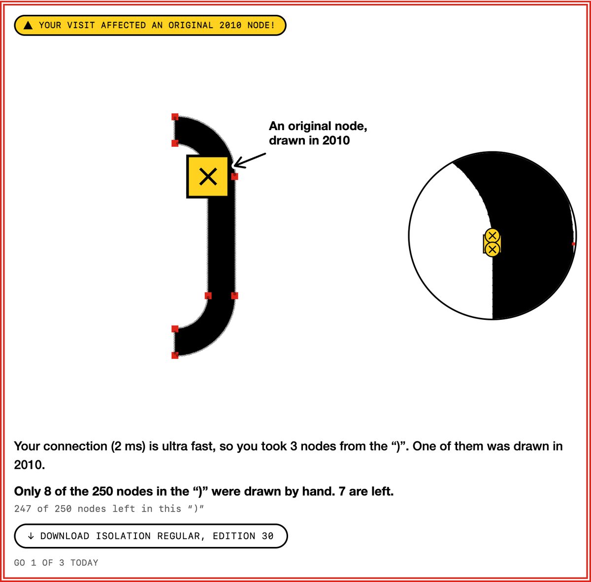 An Isolation visit: three nodes taken from a “p”, one of them drawn in 2010, marked with a yellow square and an arrow.