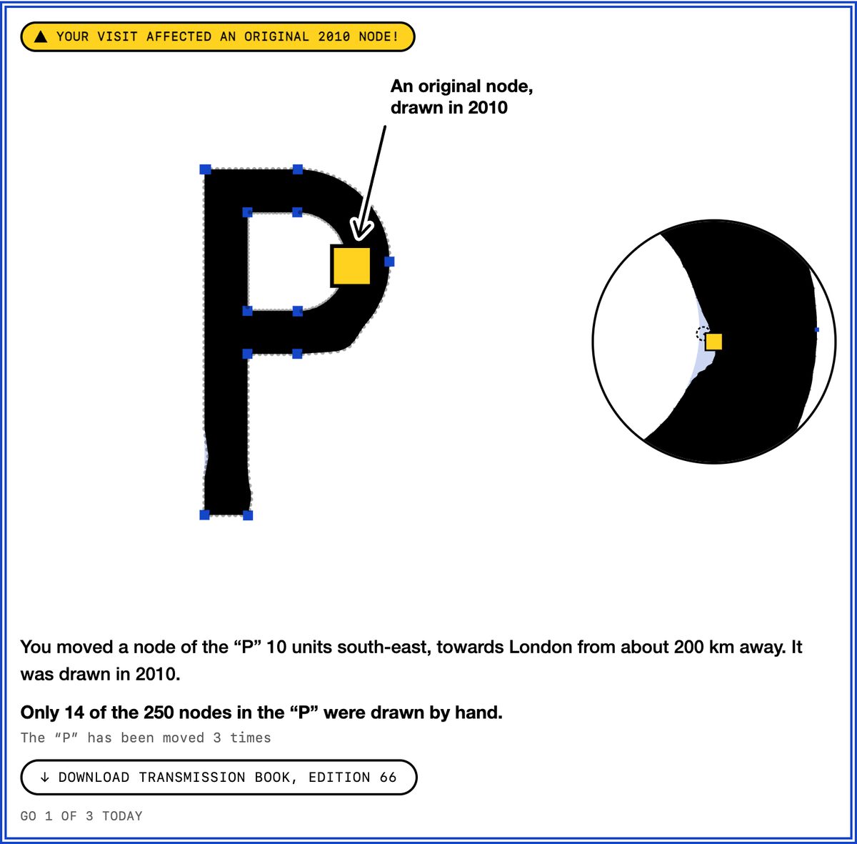 A Transmission visit: one node of a “u”, drawn in 2010, moved 10 units south-east towards London, marked with a yellow square and an arrow.